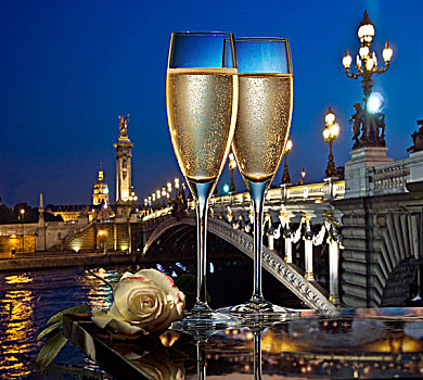 两个,玻璃杯,香槟,风景,巴黎,夜晚,亚历山大三世,桥