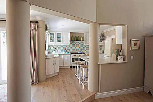 入口,厨房,柱子,白色,合适,图案,复古,炊具,电冰箱,早餐吧