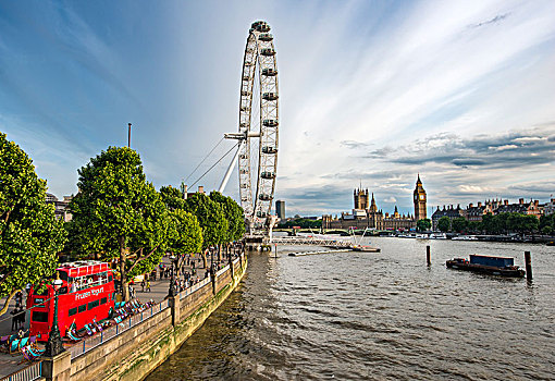 风景,上方,泰晤士河,金禧桥,散步场所,摩天轮,伦敦眼,背影,大本钟,议会大厦,伦敦,英格兰,英国