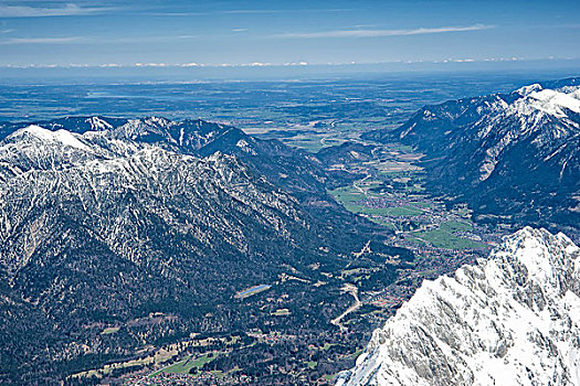 俯视,山谷,陆地,巴伐利亚阿尔卑斯山,德国,雪