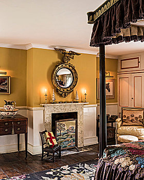 传统,卧室,双色调,墙壁,壁炉