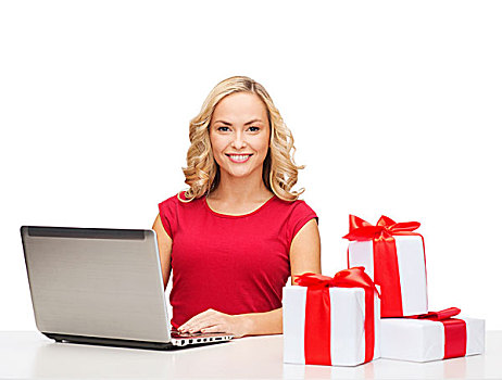 圣诞节,圣诞,网上购物,概念,女人,礼盒,笔记本电脑
