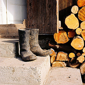 一对,黑色,橡胶,水泥,堆,原木,木柴,户外,门,农舍,马拉穆列什,罗马尼亚,十一月,2003年