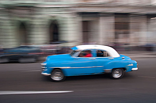 老,蓝色,20世纪50年代,美洲,汽车,街道,哈瓦那,古巴