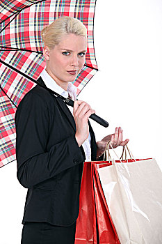 女人,拿着,购物,后背,伞