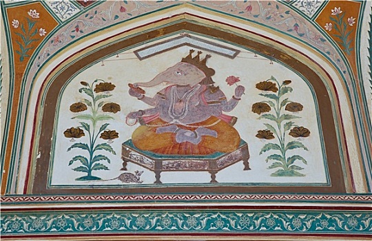 象头神迦尼萨,绘画,天花板,琥珀堡,斋浦尔,印度