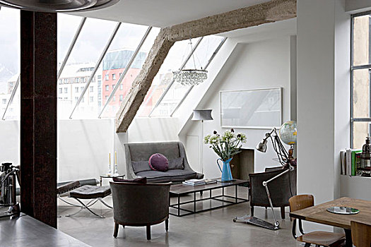 生活空间,家具,混合,风格,光滑面,倾斜,天花板
