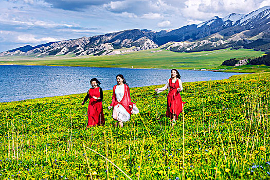 新疆,野花,湖泊,女孩