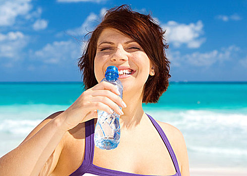 高兴,女人,水瓶,海滩