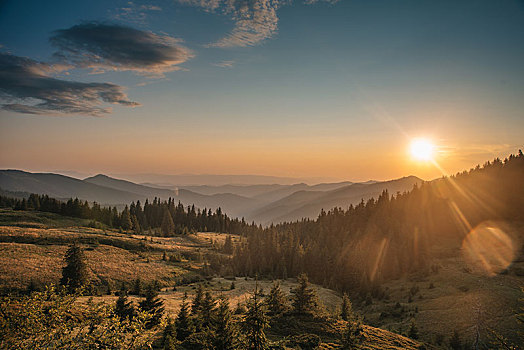 日出,山,喀尔巴阡山脉地区,乌克兰,欧洲