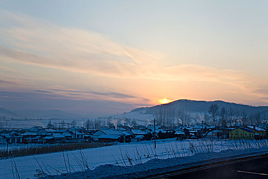 村庄,日落,冰雪,自然风光,吉林
