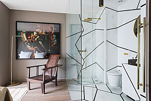 浴室,大理石,墙壁,玻璃,分隔,框架,图片,扶手椅