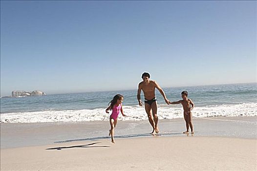 父亲,孩子,跑,海滩