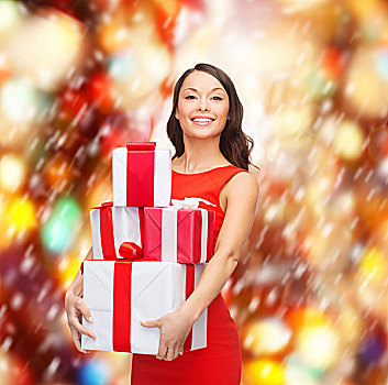 圣诞节,圣诞,白天,庆贺,概念,微笑,女人,红裙,许多,礼盒