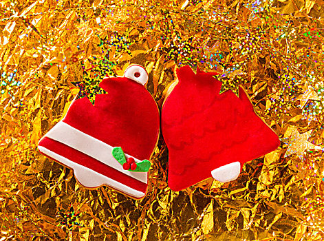 圣诞曲奇,圣诞节,红色,铃,形状,金色,背景