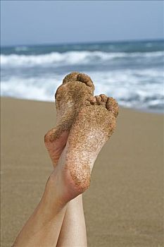 沙,女孩,脚,海洋,沙子,背景