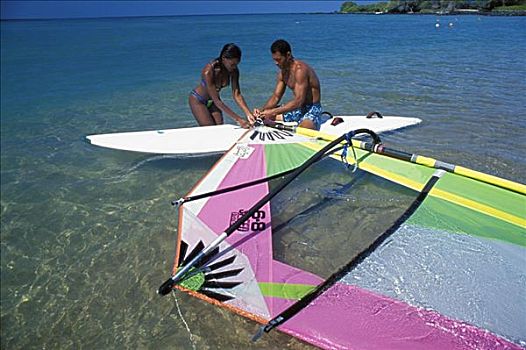 夏威夷,帆板运动,授课,男人,坐,清晰,岸边,水,航行,水中