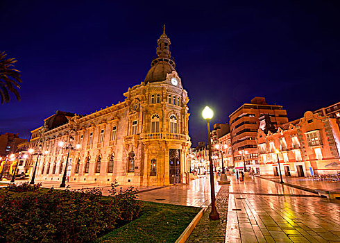市政厅,卡塔赫纳,日落,穆尔西亚,西班牙