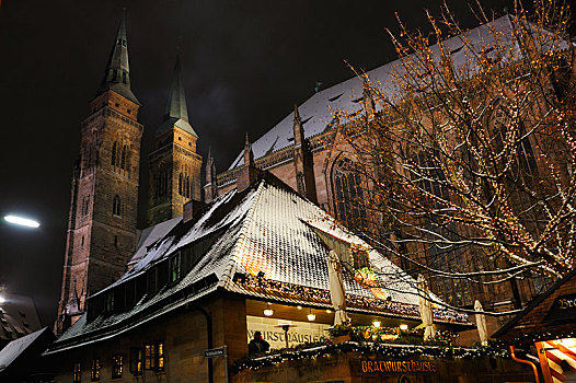 餐馆,晚上,灯,降临节,教堂,背影,纽伦堡,中间,弗兰克尼亚,巴伐利亚,德国,欧洲