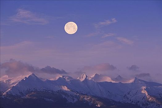 满月,上方,奇尔卡特山脉,运河,日出,远眺,阿拉斯加