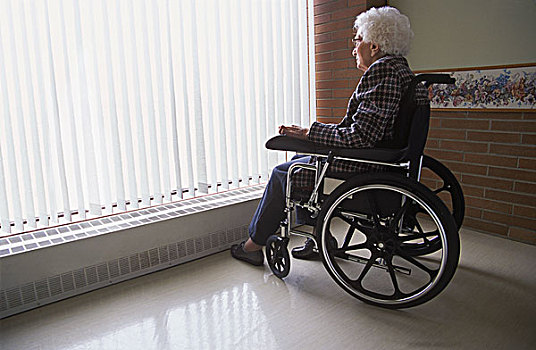 老年,女人,轮椅,向窗外看