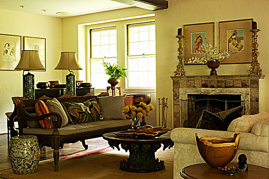 沙发,奢华,客厅,华丽,烛台,壁炉