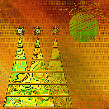 艺术,三个,圣诞树,球,金色,绿色,彩色,抽象,花,几何图形,橙色背景