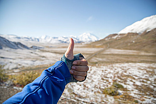 年轻,手,给,竖大拇指,麦金利山,德纳里峰国家公园,阿拉斯加,美国