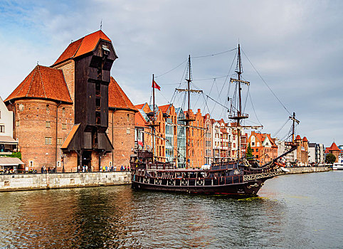 老,历史,帆船,河,中世纪,港口,起重机,老城,格丹斯克,博美狗,波兰,欧洲