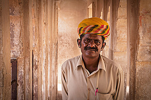 头像,成熟,男人,穿,彩色,缠头巾,拉贾斯坦邦,印度