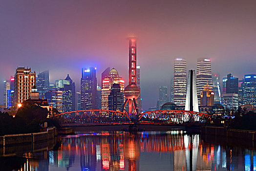 上海,天际线,夜晚,全景