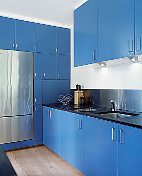 现代,厨房,蓝色,柜橱,门