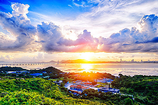 乡村,漂亮,日落,俯视,香港,海岸线