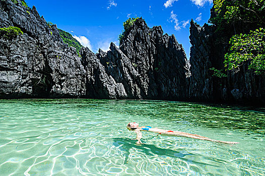 女人,放松,隐藏,湾,清水,群岛,巴拉望岛,菲律宾