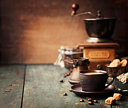 咖啡,构图,咖啡杯,咖啡豆,糖,旧式,研磨机
