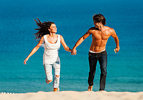 伴侣,跑,握手,海滩,安达卢西亚,西班牙