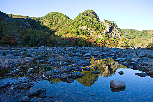 河道,河床,断流,干涸,旱季,石头,河卵石,倒影,植被,自然,风光,本溪,湖里村,秋季,红叶