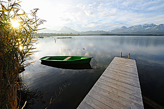 木码头,划桨船,太阳,看,湖,巴伐利亚,德国