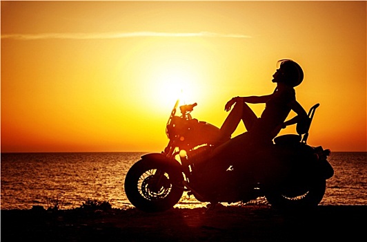 女人,骑车,享受,日落