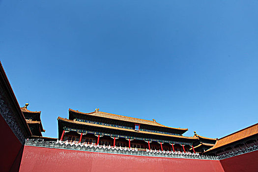 午门,故宫,中国,北京,天安门广场,五星红旗,华表,全景,地标,传统,蓝天
