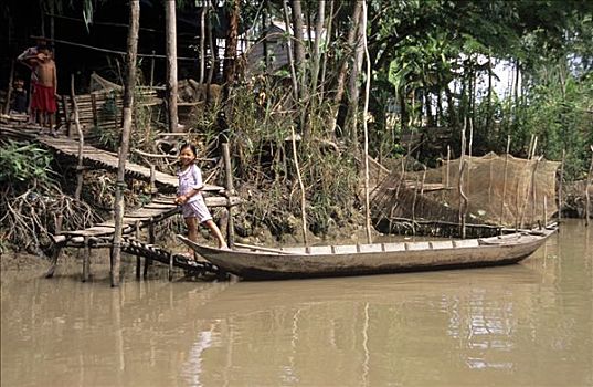 女孩,停靠,独木舟,湄公河三角洲,越南,亚洲
