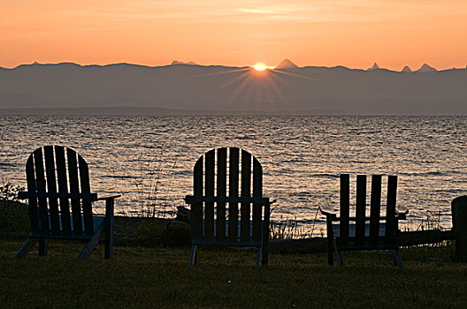 宽木躺椅,排列,海滩,日出,英国,哥伦比亚,加拿大