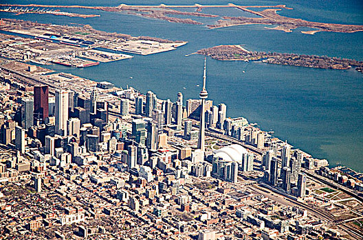 航拍,城市,加拿大国家电视塔,安大略湖,多伦多,安大略省,加拿大