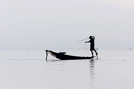 渔民,腿,桨手,船,茵莱湖,掸邦,缅甸,亚洲