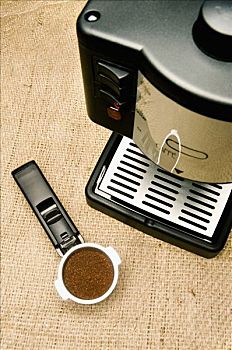俯拍,咖啡机,滤网,咖啡粉