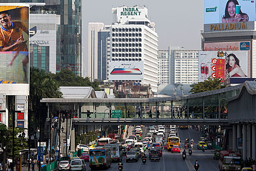 忙碌,道路,步行桥,曼谷,泰国,亚洲