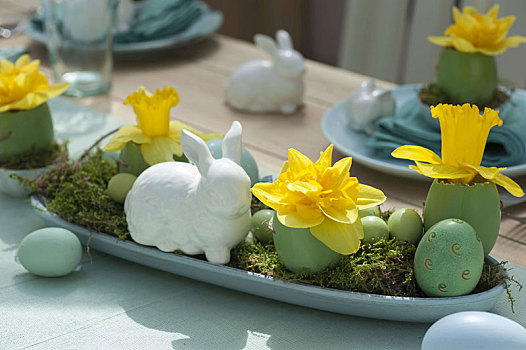 复活节餐桌,装饰,水仙,复活节兔子