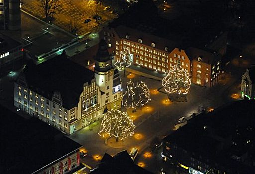 航拍,夜晚,新市政厅,圣诞节,亮光,鲁尔区,北莱茵威斯特伐利亚,德国,欧洲