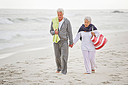 老年,夫妻,走,海滩