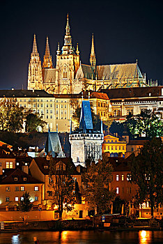 布拉格城堡,圣维特大教堂,大教堂,捷克共和国,夜晚